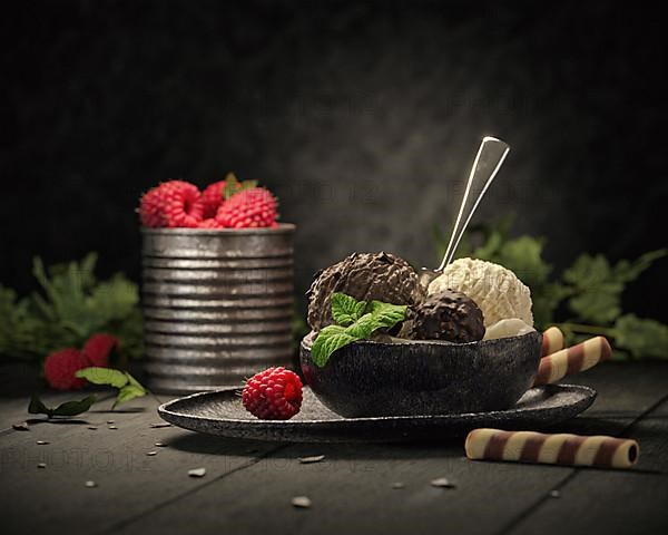 Ice-cream scoops in ceramic bowl with tin box and raspberries plus ice-cream biscuits. 3D rendering. Illustration