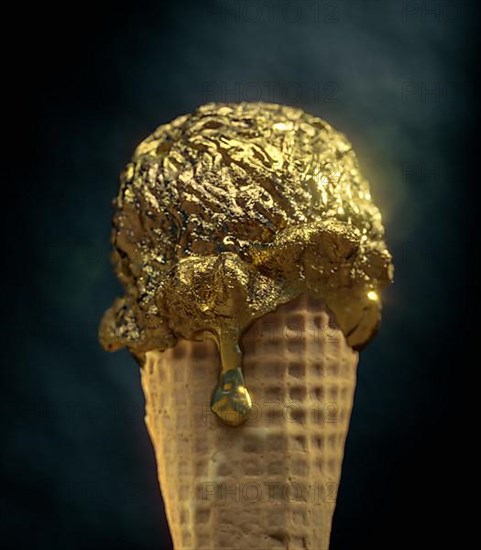 Gold ice cream scoop in wafer against a dark background. 3D rendering. Illustration. Wealth. Decadence