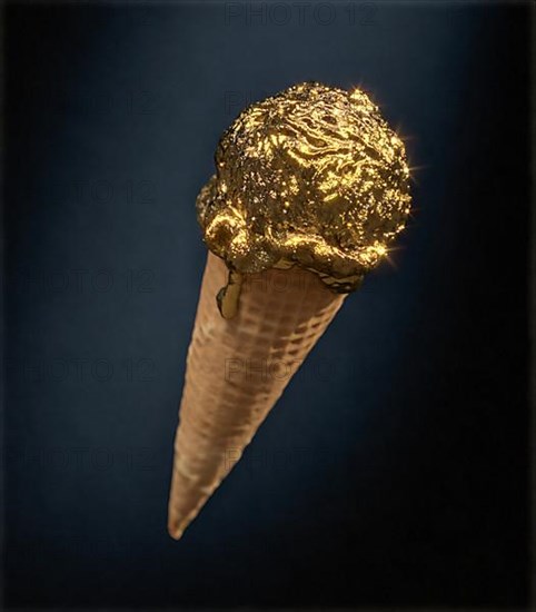 Gold ice cream scoop in wafer against a dark background. 3D rendering. Illustration. Wealth. Decadence