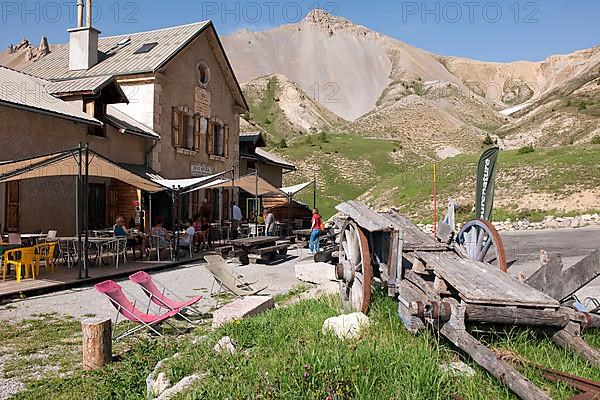 Historic Refuge Napoleon inn from 1858 with terrace at Col de l Izoard