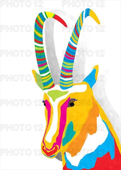 Watercolor style drawing of colored goat against white background