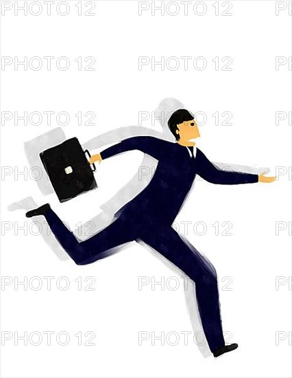 Watercolorstyle drawing of a businessman running late against white background