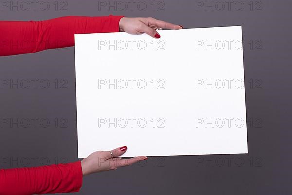 Female hands holding a blank sheet poster for copy-space and mockup