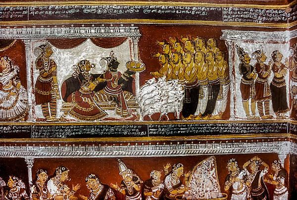 18th century Ramayana epic murals fresco painting on Bodi Zamin palace walls in Bodinayakanur