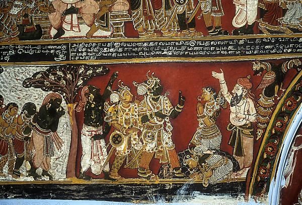 18th century Ramayana epic murals fresco painting on Bodi Zamin palace walls in Bodinayakanur