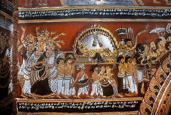 18th century Ramayana epic murals fresco painting on Bodi Zamin palace walls in Bodinayakanur