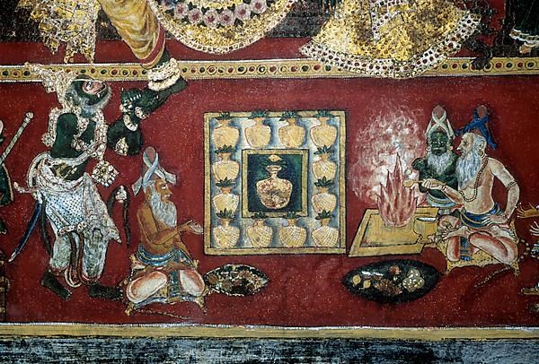 18th century Ramayana epic murals fresco painting on Bodi Zamin palace walls in Bodinayakanur