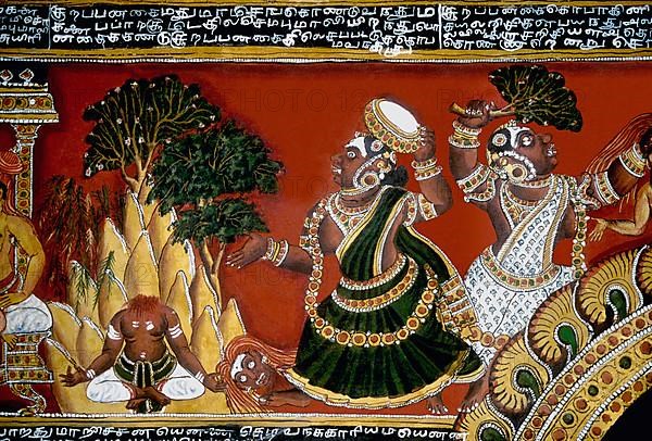 18th century Ramayana epic murals fresco painting on Bodi Zamin palace walls in Bodinayakanur