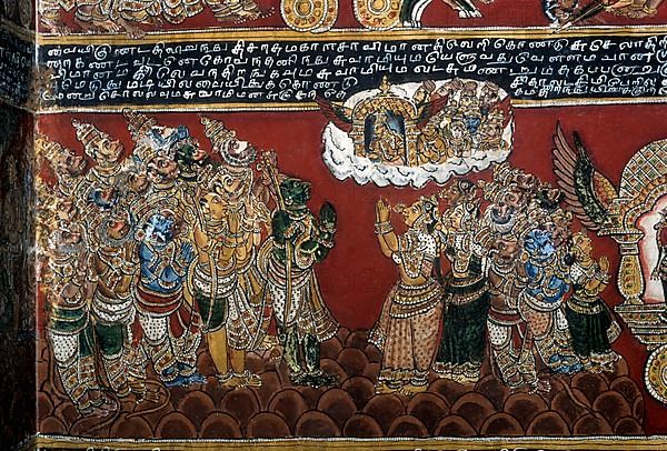 18th century Ramayana epic murals fresco painting on Bodi Zamin palace walls in Bodinayakanur