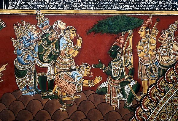 18th century Ramayana epic murals fresco painting on Bodi Zamin palace walls in Bodinayakanur