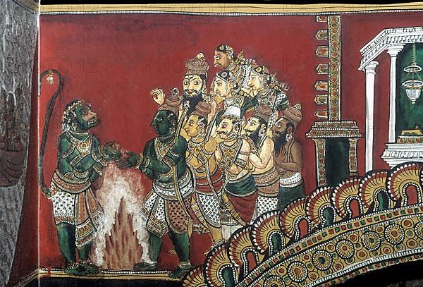 18th century Ramayana epic murals fresco painting on Bodi Zamin palace walls in Bodinayakanur