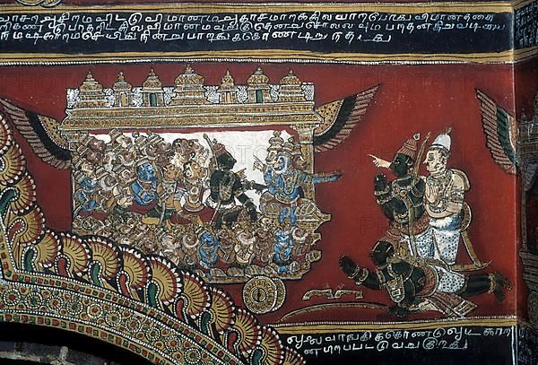 18th century Ramayana epic murals fresco painting on Bodi Zamin palace walls in Bodinayakanur