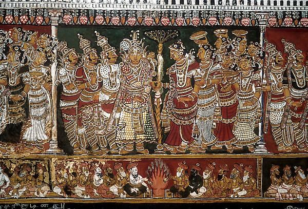 18th century Ramayana epic murals fresco painting on Bodi Zamin palace walls in Bodinayakanur