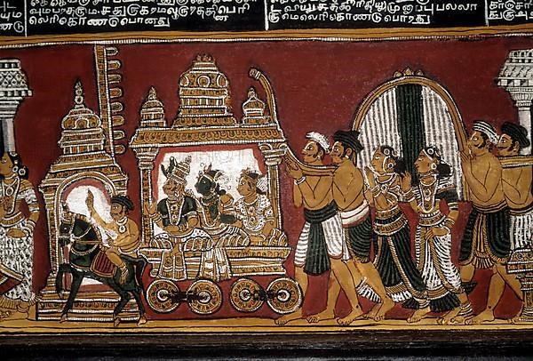 18th century Ramayana epic murals fresco painting on Bodi Zamin palace walls in Bodinayakanur