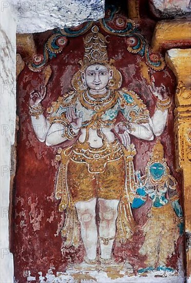16th Century wall fresco murals in Vedaranyeswarar temple wall in Vedaranyam