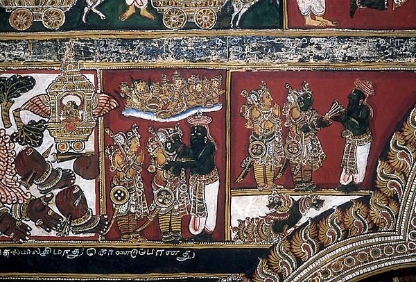 18th century Ramayana epic murals fresco painting on Bodi Zamin palace walls in Bodinayakanur