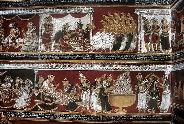 18th century Ramayana epic murals fresco painting on Bodi Zamin palace walls in Bodinayakanur