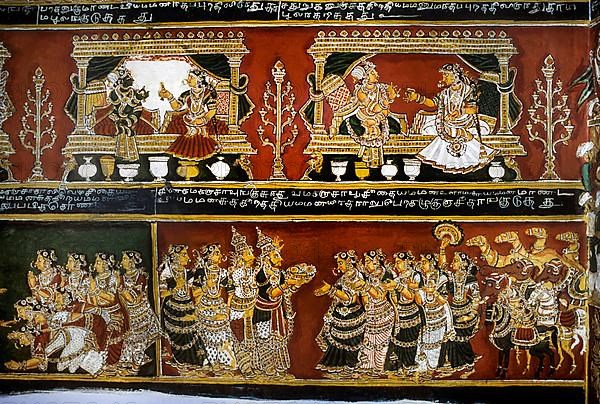 18th century Ramayana epic murals fresco painting on Bodi Zamin palace walls in Bodinayakanur