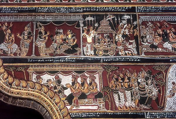 18th century Ramayana epic murals fresco painting on Bodi Zamin palace walls in Bodinayakanur