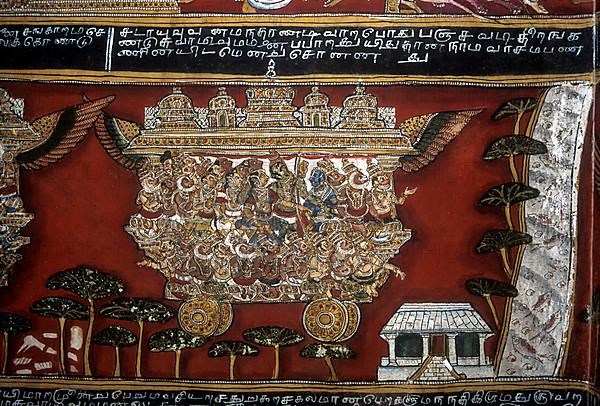 18th century Ramayana epic murals fresco painting on Bodi Zamin palace walls in Bodinayakanur