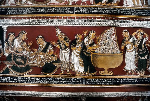 18th century Ramayana epic murals fresco painting on Bodi Zamin palace walls in Bodinayakanur