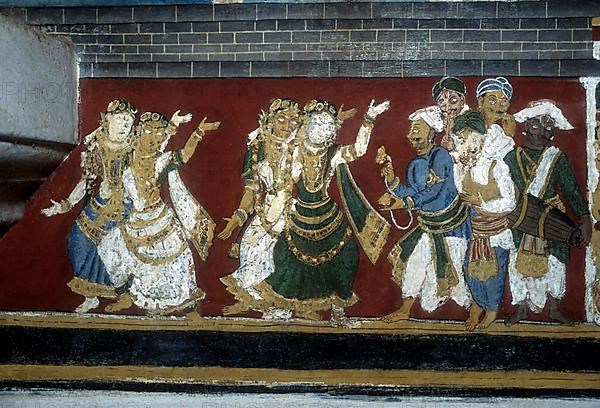 18th century Ramayana epic murals fresco painting on Bodi Zamin palace walls in Bodinayakanur