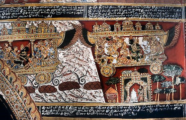 18th century Ramayana epic murals fresco painting on Bodi Zamin palace walls in Bodinayakanur