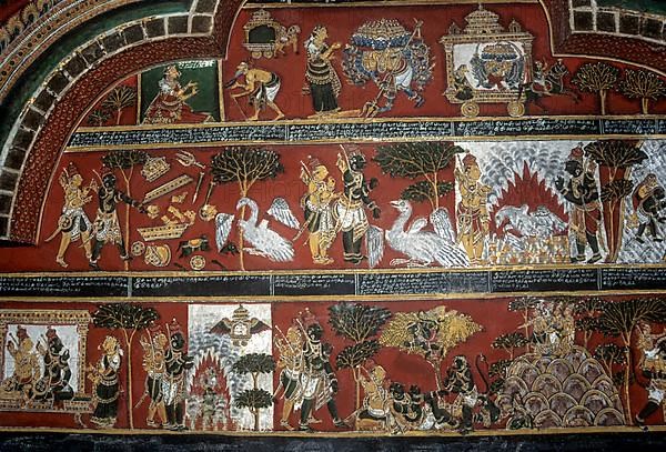 18th century Ramayana epic murals fresco painting on Bodi Zamin palace walls in Bodinayakanur