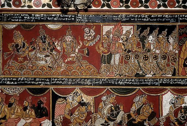 18th century Ramayana epic murals fresco painting on Bodi Zamin palace walls in Bodinayakanur