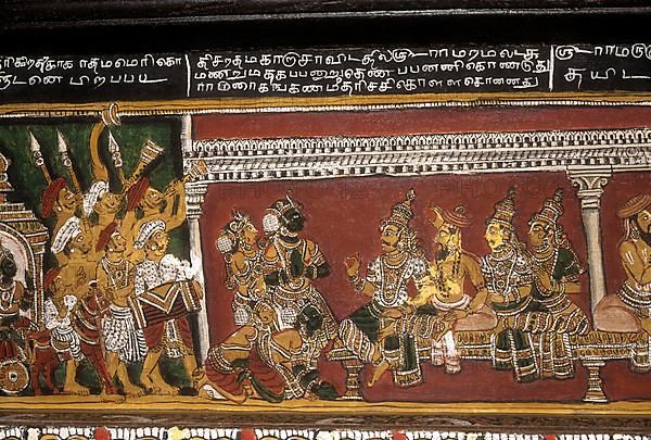 18th century Ramayana epic murals fresco painting on Bodi Zamin palace walls in Bodinayakanur