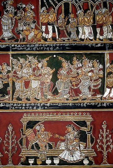 18th century Ramayana epic murals fresco painting on Bodi Zamin palace walls in Bodinayakanur