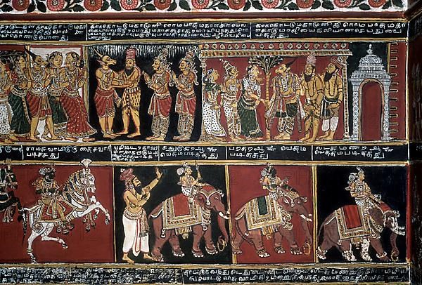 18th century Ramayana epic murals fresco painting on Bodi Zamin palace walls in Bodinayakanur