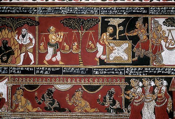 18th century Ramayana epic murals fresco painting on Bodi Zamin palace walls in Bodinayakanur