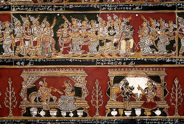 18th century Ramayana epic murals fresco painting on Bodi Zamin palace walls in Bodinayakanur