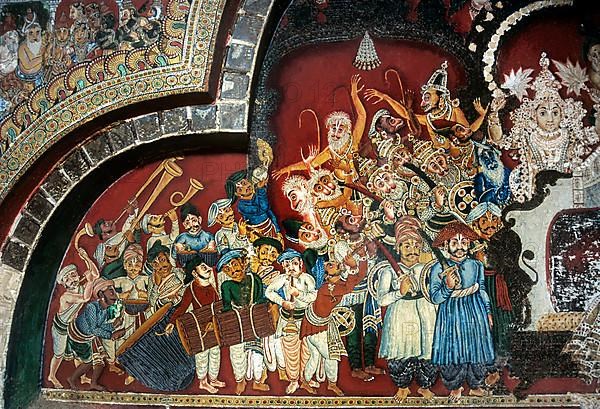 18th century Ramayana epic murals fresco painting on Bodi Zamin palace walls in Bodinayakanur