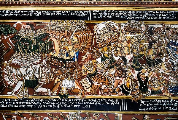 18th century Ramayana epic murals fresco painting on Bodi Zamin palace walls in Bodinayakanur