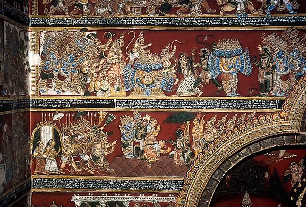 18th century Ramayana epic murals fresco painting on Bodi Zamin palace walls in Bodinayakanur