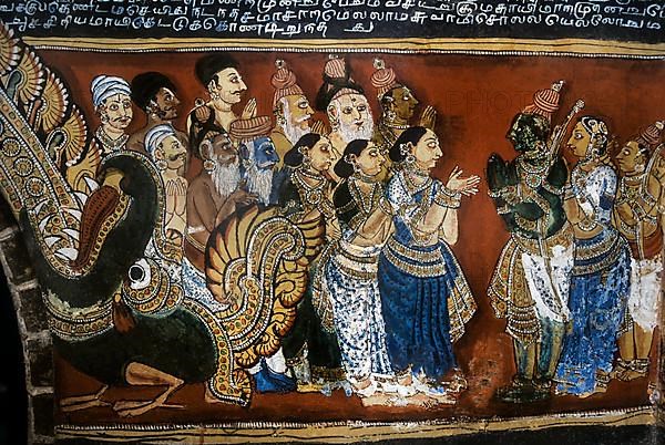 18th century Ramayana epic murals fresco painting on Bodi Zamin palace walls in Bodinayakanur