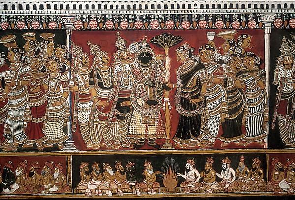 18th century Ramayana epic murals fresco painting on Bodi Zamin palace walls in Bodinayakanur