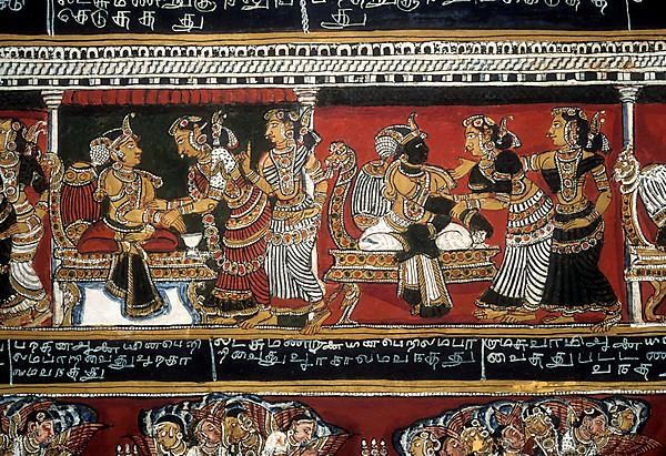 18th century Ramayana epic murals fresco painting on Bodi Zamin palace walls in Bodinayakanur