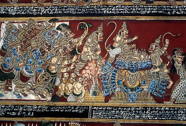 18th century Ramayana epic murals fresco painting on Bodi Zamin palace walls in Bodinayakanur