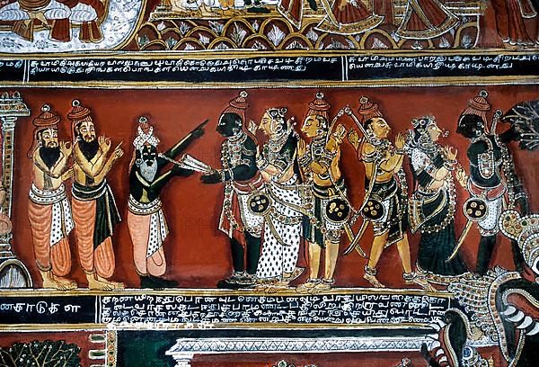 18th century Ramayana epic murals fresco painting on Bodi Zamin palace walls in Bodinayakanur