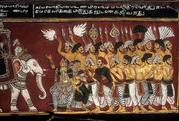 18th century Ramayana epic murals fresco painting on Bodi Zamin palace walls in Bodinayakanur