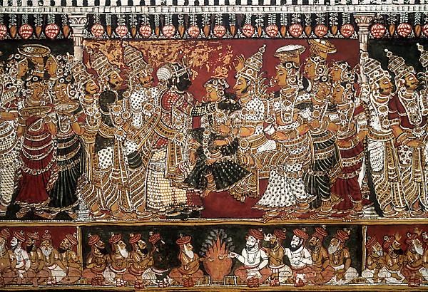 18th century Ramayana epic murals fresco painting on Bodi Zamin palace walls in Bodinayakanur