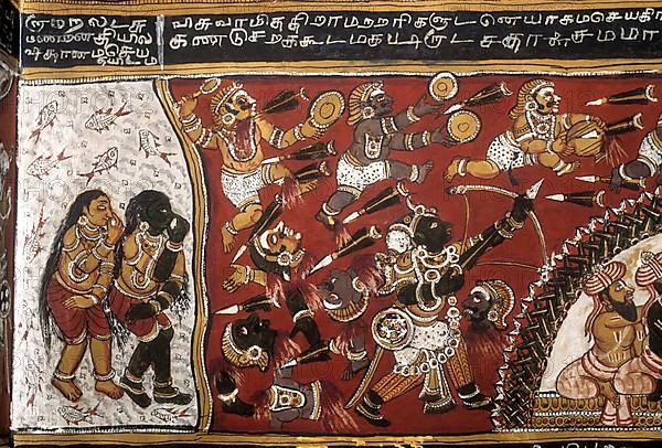 18th century Ramayana epic murals fresco painting on Bodi Zamin palace walls in Bodinayakanur