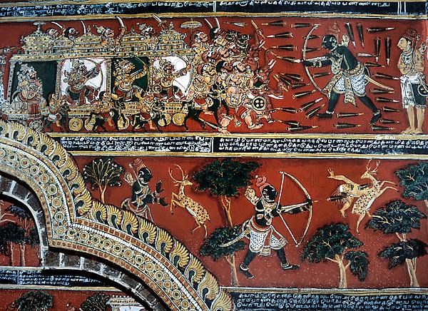 18th century Ramayana epic murals fresco painting on Bodi Zamin palace walls in Bodinayakanur