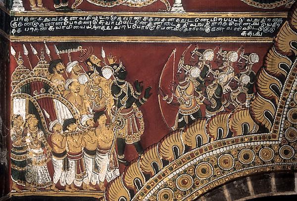 18th century Ramayana epic murals fresco painting on Bodi Zamin palace walls in Bodinayakanur