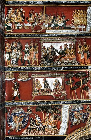 18th century Ramayana epic murals fresco painting on Bodi Zamin palace walls in Bodinayakanur