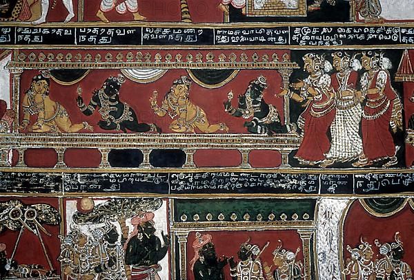 18th century Ramayana epic murals fresco painting on Bodi Zamin palace walls in Bodinayakanur