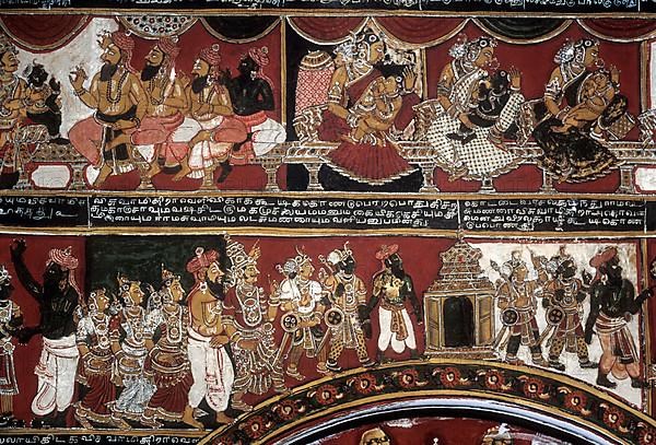 18th century Ramayana epic murals fresco painting on Bodi Zamin palace walls in Bodinayakanur